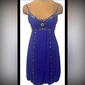 Vintage Sue Wong Blue Silk Beaded Sequin Empire Waist Bubble Dress Size 2